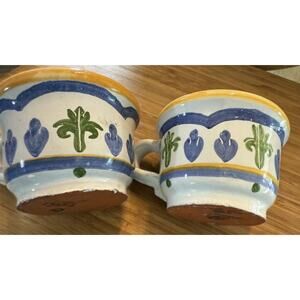 Set of 2 Talavera Pottery Small Coffee Mugs Yellow Blue Hand Painted Stamped 4"h